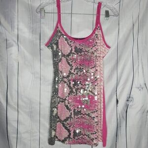 Almost Famous Pink and Silver Sequin Snakeskin Print Y2K Spaghetti Strap Top